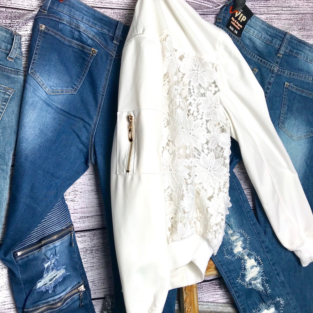 White Flower Open Lace Back Bomber - Picture 6 of 8